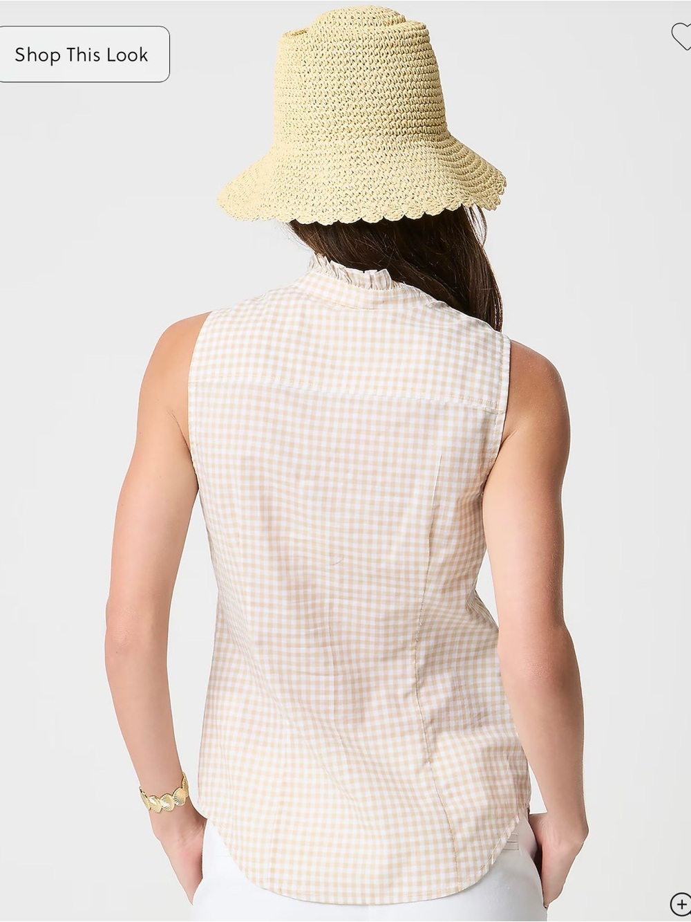 J. Crew Sleeveless Cotton Gingham Ruffle-Front blouse in khaki and Cream NWT - Picture 3 of 4